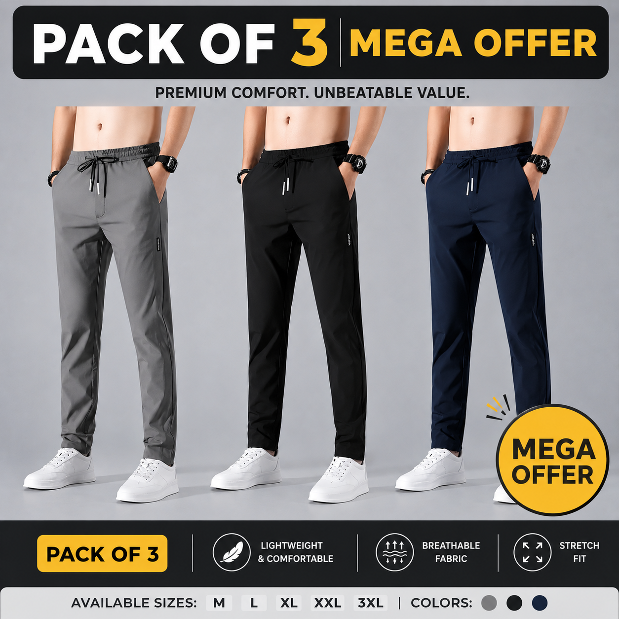 Men’s Premium-Quality Stretch Lycra Pants | Black, Blue & Grey Colors (Pack of 3 Offer 😍)
